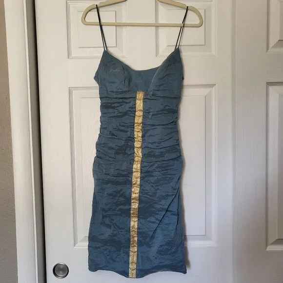 Nicole Miller | Dresses | Nicole Miller Collection Ruched Iridescent Blue  Gold Cocktail Dress Size 8 | Poshmark